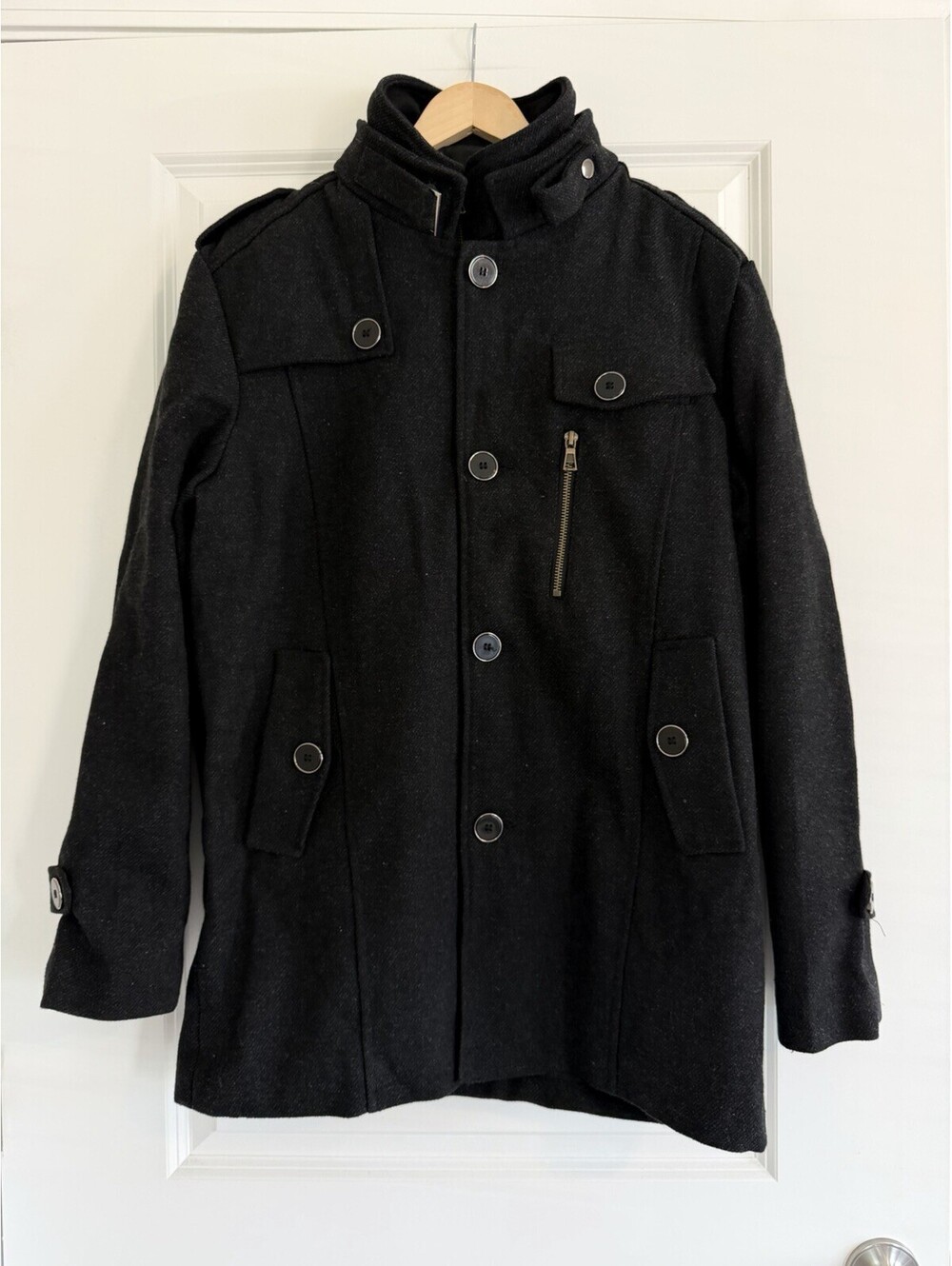Wantdo Men’s Wool Blend Military Field Coat Size S Charcoal Black Structured